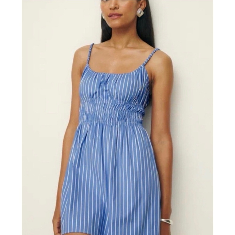 Reformation Kathleen Dress S Blue White Striped Smocked Mini Coastal Summer